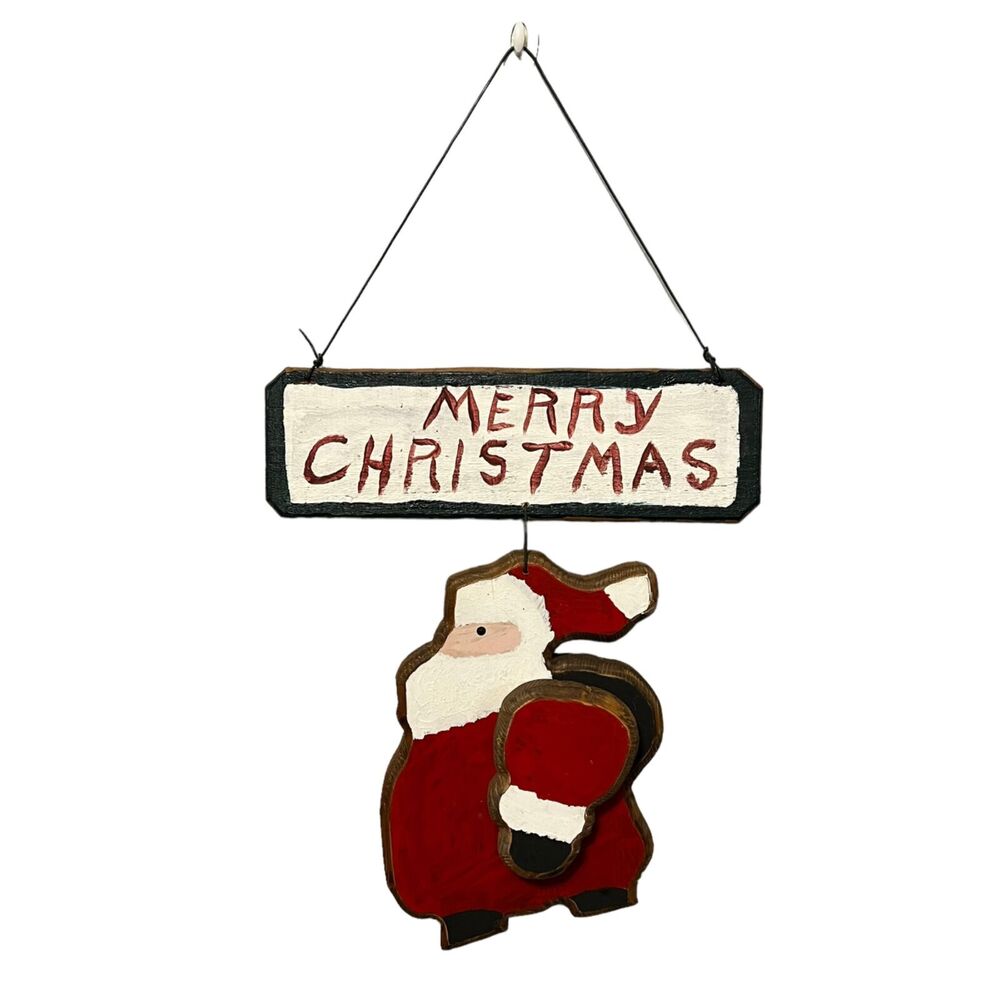 Hand Painted Wooden Santa Merry Christmas Wall Hanging Holiday Christmas Decor